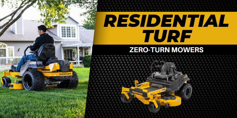 Three Residential Hustler Mowers including the Dash XD, Raptor XD, and Flip-Up